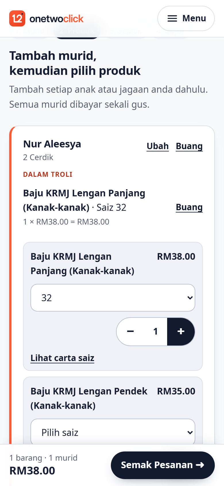 Memilih produk dan saiz bagi seorang murid dengan butang tambah dan tolak